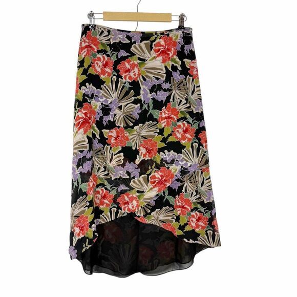 Adrianna Papell Dresses & Skirts - Silk Midi Skirt Vintage Adrianna Papell Size 12 Floral Print High Low Black Red